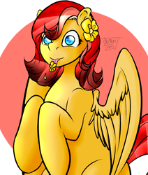 Size: 1241x1465 | Tagged: safe, artist:henyoki, oc, oc only, pegasus, pony, female, flower, flower in hair, pegasus oc, solo, tongue out