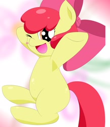 Size: 1900x2185 | Tagged: safe, artist:applebloomlove, apple bloom, earth pony, pony, g4, blank flank, blurry background, female, filly, foal, high res, hooves, one eye closed, open mouth, open smile, raised hooves, sitting, smiling, solo, wink