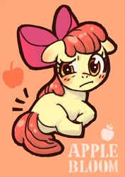 Size: 550x776 | Tagged: safe, artist:yanamosuda, apple bloom, earth pony, pony, g4, blank flank, bloom butt, blushing, butt, female, filly, floppy ears, foal, orange background, plot, simple background, solo