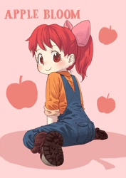 Size: 1000x1412 | Tagged: safe, artist:yanamosuda, apple bloom, human, g4, adorabloom, ass, bloom butt, blushing, bow, butt, clothes, cute, hair bow, humanized, looking at you, looking back, looking back at you, overalls, ponytail, solo