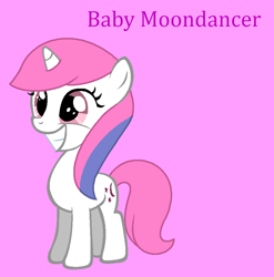 Size: 891x901 | Tagged: safe, artist:jigglewiggleinthepigglywiggle, baby moondancer, pony, unicorn, g1, g4, baby dancerbetes, baby moondancer is a queen, cute, female, filly, foal, full body, g1 to g4, generation leap, grin, hooves, multicolored hair, multicolored mane, pink background, pink eyes, pink tail, pink text, simple background, slasher smile, smiling, solo, standing, tail