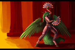 Size: 1400x946 | Tagged: safe, artist:sunny way, oc, oc only, alicorn, anthro, unguligrade anthro, armor, fan, fan fighter, fantasy class, female, fight, horn, mare, outfit, patreon, patreon reward, pose, smiling, solo, warrior, wings