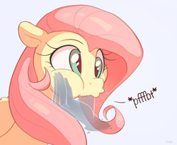 Size: 2500x2051 | Tagged: safe, artist:nookprint, fluttershy, pegasus, pony, g4, cheek squish, cute, derp, disembodied hand, female, hand, high res, magic, magic hands, mare, offscreen character, onomatopoeia, puffy cheeks, raspberry, shyabetes, signature, silly, silly pony, solo, squishy cheeks