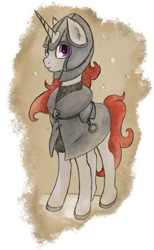 Size: 1280x2074 | Tagged: safe, artist:bob-finnski, oc, oc only, oc:jaques de rouge cremiere, pony, unicorn, body armor, full body, grey fur, helmet, medieval, purple eyes, red hair, simple background, snow, solo, transparent background