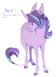 Size: 441x600 | Tagged: safe, artist:bananasmores, starlight glimmer, classical unicorn, pony, unicorn, g4, cloven hooves, crying, curved horn, floppy ears, horn, leonine tail, simple background, solo, tail, tail between legs, unshorn fetlocks, white background