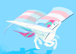 Size: 1100x792 | Tagged: safe, artist:bananasmores, zipp storm, pegasus, pony, g5, colored wings, mouth hold, multicolored hair, multicolored wings, pastel, pride, pride flag, pride ponies, running, simple background, smiling, solo, trans zipp, transgender pride flag, white coat, wings