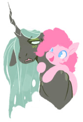 Size: 545x800 | Tagged: safe, artist:bananasmores, pinkie pie, queen chrysalis, changeling, changeling queen, earth pony, pony, duo, female, hug, queen chrysalis is not amused, simple background, unamused, white background