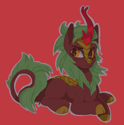 Size: 1902x1919 | Tagged: safe, artist:beetlebonez, derpibooru exclusive, cinder glow, summer flare, kirin, g4, annoyed, cloven hooves, colored sketch, female, looking at you, lying down, red background, simple background, solo