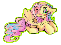 Size: 2723x1985 | Tagged: safe, artist:larvaecandy, fluttershy, pegasus, pony, g4, cute, female, lying down, mare, open mouth, open smile, outline, prone, shyabetes, simple background, smiling, solo, transparent background