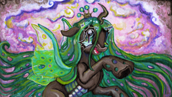 Size: 5902x3319 | Tagged: safe, artist:larvaecandy, queen chrysalis, changeling, changeling queen, fuck marry kill (vylet pony), g4, absurd file size, album cover, female, solo, vylet pony