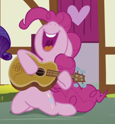 Size: 450x484 | Tagged: safe, screencap, pinkie pie, earth pony, pony, g4, honest apple, cropped, female, guitar, mare, musical instrument, nose in the air, open mouth, solo