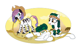 Size: 2565x1609 | Tagged: safe, artist:xcosmicghostx, oc, oc:olivia leaf, oc:zuri sambo, pegasus, pony, zebra, bandana, bedroom eyes, blushing, bow, cloud, cowboy hat, desert, duo, ear piercing, earring, female, freckles, hat, headband, jewelry, lasso, lesbian, looking at each other, looking at someone, lying down, mare, mouth hold, multicolored mane, oc x oc, open mouth, piercing, prone, rope, sand, shipping, simple background, sky, tail, tail bow, transparent background, zebra oc