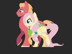 Size: 400x300 | Tagged: safe, artist:camsdart, edit, big macintosh, fluttershy, earth pony, pegasus, pony, g4, alternate hairstyle, bandana, black background, cropped, duo, duo male and female, female, hair tie, male, mare, missing accessory, ship:fluttermac, shipping, simple background, smiling, stallion, straight, walking