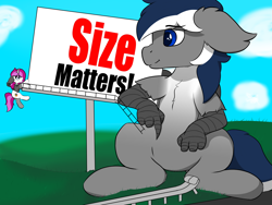 Size: 8000x6000 | Tagged: safe, artist:skylarpalette, oc, oc only, oc:blitz streak, oc:skylar palette, hippogriff, pony, unicorn, billboard, chest fluff, cute, destruction, ear fluff, female, fluffy, macro, male, mare, panicking, relaxed, road, scenery, sitting, size difference, smiling, stallion