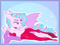 Size: 2048x1536 | Tagged: safe, artist:_candypone_, oc, oc only, oc:sweetie swirl, bat pony, pony, bat pony oc, clothes, dress, ears back, evening gloves, femboy, gloves, jessica rabbit dress, lidded eyes, long gloves, looking back, lying down, male, open-back dress, prone, red dress, side slit, solo, sparkles, spread wings, stallion, strapless dress, total sideslit, wings