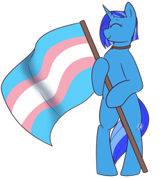 Size: 1751x1874 | Tagged: safe, artist:emmettarts, oc, oc only, oc:sight unseen, pony, unicorn, bipedal, blank flank, blue coat, blue mane, blue tail, collar, commission, female, flag, holding a flag, mare, pride, pride flag, short mane, simple background, smiling, solo, standing, standing on two hooves, tail, transgender, transgender pride flag, transparent background, two toned mane, two toned tail, watermark, ych result