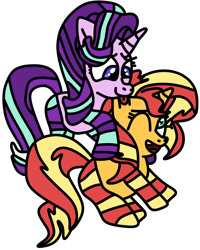 Size: 622x776 | Tagged: safe, artist:jadeharmony, starlight glimmer, sunset shimmer, pony, unicorn, g4, :p, clothes, cute, duo, female, hug, lesbian, mare, one eye closed, open mouth, ship:shimmerglimmer, shipping, simple background, socks, striped socks, tongue out, transparent background, wink