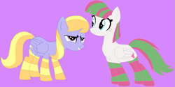 Size: 761x380 | Tagged: safe, artist:jadeharmony, artist:selenaede, blossomforth, cloud kicker, pegasus, pony, g4, base used, clothes, cloudforth, duo, female, grin, lesbian, mare, purple background, shipping, simple background, smiling, socks, striped socks