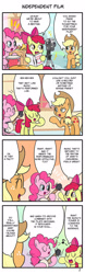 Size: 711x2285 | Tagged: safe, artist:wakyaot34, apple bloom, applejack, pinkie pie, earth pony, pony, g4, 4 panel comic, 4koma, banjo, camera, comic, drums, female, filly, foal, japanese, mare, musical instrument, smiling, speech bubble, translation, trumpet
