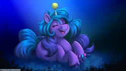 Size: 1280x720 | Tagged: safe, artist:emithegoat, izzy moonbow, pony, unicorn, g5, ball, cute, eyes closed, female, horn, horn impalement, izzy impaling things, izzy's tennis ball, izzybetes, lying down, mare, night, open mouth, prone, solo, tennis ball