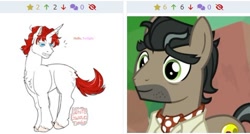 Size: 476x255 | Tagged: safe, artist:whitegwava, edit, edited screencap, screencap, doctor caballeron, moondancer, earth pony, pony, unicorn, derpibooru, daring doubt, g1, g4, season 9, ascot tie, chest fluff, close-up, clothes, cropped, cute, cutealleron, duo, duo male and female, female, grin, happy, implied straight, juxtaposition, male, meta, shirt, smiling, stallion