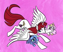 Size: 2048x1716 | Tagged: safe, artist:sophie scruggs, princess celestia, princess luna, oc, oc:fausticorn, alicorn, pony, g4, cewestia, clothes, crown, female, filly, filly celestia, filly luna, flying, foal, horn, jewelry, lauren faust, mare, pink background, pink-mane celestia, regalia, shoes, simple background, smiling, spread wings, trio, wings, woona, young celestia, young luna, younger
