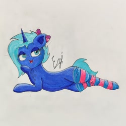 Size: 1386x1386 | Tagged: safe, artist:engi, oc, oc only, oc:midnight ink, pony, unicorn, bedroom eyes, belly button, bow, clothes, eyeshadow, female, hair bow, horn, lying down, makeup, open mouth, socks, solo, striped socks, traditional art, unicorn oc
