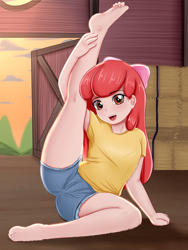 Size: 1500x2000 | Tagged: safe, artist:focusb, edit, apple bloom, human, g4, ass, barefoot, barn, butt, child, clothes, derail in the comments, feet, female, flexible, humanized, indoors, shirt, shorts, solo, t-shirt