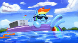 Size: 2732x1527 | Tagged: safe, artist:phutashi, rainbow dash, pegasus, pony, g4, air conditioner, chillaxing, crossed legs, female, frog (hoof), inner tube, lying down, mare, martini glass, moments before disaster, rainbow dumb, smiling, solo, summer, sunglasses, swimming pool, this will end in death, this will end in electrocution, this will not end well, too dumb to live, underhoof