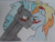 Size: 1057x807 | Tagged: safe, artist:tejedora, lightning streak, thunderlane, pegasus, pony, g4, blue coat, blue mane, blushing, bust, ear blush, gay, graph paper, gray coat, lidded eyes, looking at each other, looking at someone, male, orange eyes, orange mane, ship:thunderstreak, shipping, smiling, stallion, traditional art