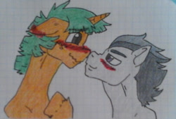 Size: 1149x779 | Tagged: safe, artist:tejedora, rumble, snails, pegasus, pony, unicorn, g4, blushing, bust, disembodied head, duo, ear blush, floppy ears, freckles, gay, graph paper, gray coat, gray mane, green eyes, looking at each other, looking at someone, looking into each others eyes, male, older, older rumble, older snails, orange coat, purple eyes, smiling, snumble, stallion, teal mane, traditional art, wavy mouth
