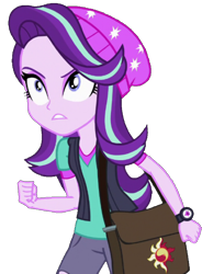 Size: 754x1024 | Tagged: safe, artist:fireluigi29, edit, edited screencap, screencap, starlight glimmer, human, equestria girls, equestria girls specials, g4, mirror magic, background removed, bag, beanie, clenched fist, clothes, determined, female, glare, hat, not a vector, pants, shirt, shoulder bag, simple background, solo, sunset shimmer's cutie mark, teeth, torn clothes, transparent background, vest, watch, wristwatch