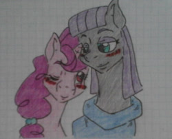 Size: 1119x903 | Tagged: safe, artist:tejedora, maud pie, sugar belle, earth pony, pony, unicorn, g4, blue eyes, blushing, bust, eyeshadow, female, graph paper, gray coat, height difference, lesbian, looking at each other, magenta mane, makeup, mare, one eye closed, pink coat, pink eyes, purple eyeshadow, purple mane, smiling, smiling at each other, sugarmaud, traditional art