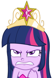 Size: 722x1062 | Tagged: safe, artist:fireluigi29, edit, edited screencap, screencap, twilight sparkle, human, equestria girls, g4, my little pony equestria girls, angry, background removed, bare shoulders, big crown thingy, element of magic, female, jewelry, not a vector, regalia, simple background, sleeveless, solo, strapless, transparent background