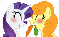Size: 1038x653 | Tagged: safe, artist:faith-wolff, carrot top, golden harvest, rarity, earth pony, pony, unicorn, g4, blue eyeshadow, blushing, bust, carrot, curly mane, eyes closed, eyeshadow, female, food, grin, herbivore, lesbian, makeup, mare, mouth hold, open mouth, open smile, orange mane, purple mane, ship:carrity, shipping, simple background, smiling, transparent background, yellow coat