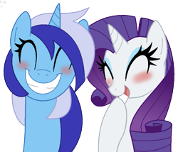 Size: 893x764 | Tagged: safe, artist:faith-wolff, minuette, rarity, pony, unicorn, g4, blue coat, blue eyeshadow, blue mane, bust, curly mane, eyes closed, eyeshadow, female, grin, laughing, lesbian, makeup, mare, minurarity, multicolored mane, open mouth, open smile, purple mane, shipping, simple background, smiling, transparent background, white coat
