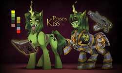 Size: 2778x1666 | Tagged: safe, artist:msbel, oc, oc only, oc:poison kiss, pony, unicorn, fanfic:iron hearts, armor, bolter, book, chaos, crossover, fanfic art, fangs, female, gun, horn, iron warriors, magic, power armor, reference sheet, solo, telekinesis, unicorn oc, warhammer (game), warhammer 40k, weapon