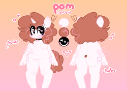 Size: 3500x2500 | Tagged: safe, artist:cutiesparke, oc, oc only, oc:pom, unicorn, anthro, unguligrade anthro, ass, belly button, both cutie marks, breasts, brown hair, butt, chest fluff, choker, eye clipping through hair, fluffy mane, fluffy tail, gradient background, hand, heart, heart eyes, high res, pink eyes, reference sheet, solo, tail, two toned mane, wingding eyes
