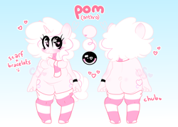 Size: 3500x2500 | Tagged: safe, artist:cutiesparke, oc, oc only, oc:pom, unicorn, anthro, unguligrade anthro, alternate color palette, alternate hair color, breasts, chest fluff, clothes, eye clipping through hair, fluffy mane, fluffy tail, gradient background, hand, heart, heart eyes, high res, pink eyes, reference sheet, scarf, socks, solo, striped scarf, striped socks, tail, thigh highs, two toned mane, white hair, wingding eyes