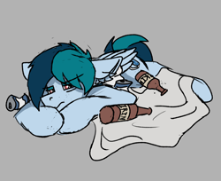 Size: 1130x922 | Tagged: safe, artist:reddthebat, oc, oc only, oc:delta vee, pegasus, pony, alcohol, beer, beer bottle, beer can, blanket, bottle, ear fluff, female, mare, sad, solo, wings