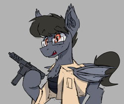 Size: 1808x1526 | Tagged: safe, artist:reddthebat, oc, oc only, oc:roof bat, bat pony, pony, bat pony oc, bat wings, bulletproof vest, chest fluff, clothes, ear fluff, fangs, freckles, glasses, gun, jacket, male, solo, stallion, tec-9, weapon, wings