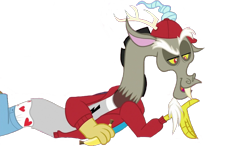 Size: 1101x641 | Tagged: safe, edit, edited screencap, editor:lonely fanboy48, screencap, discord, draconequus, a matter of principals, g4, season 8, banana, clothes, food, how do you do fellow kids, male, not a vector, simple background, solo, transparent background