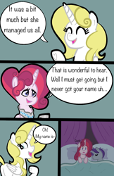 Size: 1100x1700 | Tagged: safe, artist:chelseawest, oc, oc:gleaming grace, oc:glimmering shield, oc:mi amore rose heart, alicorn, pony, comic:dream meeting, alicorn oc, bed, butt, comic, dream, duo, duo female, female, gasp, horn, interdimensional siblings, mare, offspring, parent:oc:shimmering glow, parent:oc:silk tie, parent:princess flurry heart, parents:canon x oc, petalverse, pillow, plot, sleeping, startled, wings