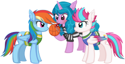 Size: 5443x2778 | Tagged: safe, artist:cyanlightning, izzy moonbow, rainbow dash, zipp storm, pegasus, pony, unicorn, g4, g5, my little pony: a new generation, adorazipp, basketball, blowing whistle, clothes, commission, commissioner:crimsonvalentazure, cute, dashabetes, dress, female, g5 to g4, generation leap, hilarious in hindsight, izzybetes, mare, puffy cheeks, rainbow dashs coaching whistle, red face, referee, referee izzy moonbow, referee whistle, shirt, simple background, sports, that pony sure does love whistles, this is how a unicorn hoops, transparent background, whistle, whistle necklace
