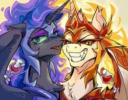 Size: 1445x1126 | Tagged: safe, artist:千雲九枭, daybreaker, nightmare moon, alicorn, pony, g4, alcohol, armor, chest fluff, duo, female, glass, lightning eyes, lightning pupils, looking at you, mare, slit pupils, smiling, tongue out, wine, wine glass