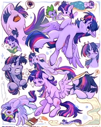 Size: 1632x2048 | Tagged: safe, artist:千雲九枭, spike, twilight sparkle, alicorn, dragon, pony, g4, bibliophile, bibliophilia, book, chest fluff, collage, depression, drunk bubbles, emotions, exhausted, eyes closed, female, lidded eyes, looking up, male, mare, messy mane, multeity, obsession, pillow, quill, reading, sleeping, sleepy, sparkle sparkle sparkle, sweat, sweatdrop, tired, tongue out, twilight sparkle (alicorn), wings