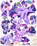 Size: 1632x2048 | Tagged: safe, artist:jficbcpcr6eyujo, spike, twilight sparkle, alicorn, dragon, pony, book, collage, depression, emotions, eyes closed, female, looking up, male, mare, pillow, quill, reading, sleeping, sleepy, sweat, sweatdrop, tired, tongue out, twilight sparkle (alicorn), wings