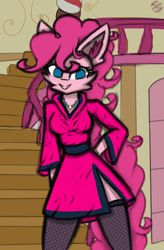 Size: 2102x3209 | Tagged: safe, pinkie pie, earth pony, anthro, g4, belt, cheek fluff, clothes, dress, ear fluff, eyelashes, female, fluffy, high res, jewelry, kimono minidress, mare, minidress, necklace, signature, smiling, socks, solo, stairs, stockings, sugarcube corner, thigh highs