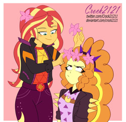 Size: 1280x1240 | Tagged: safe, artist:crock2121, adagio dazzle, sunset shimmer, human, equestria girls, equestria girls series, g4, sunset's backstage pass!, spoiler:eqg series (season 2), blushing, duo, duo female, female, flower, geode of empathy, lesbian, magical geodes, music festival outfit, ship:sunsagio, shipping, simple background, smiling