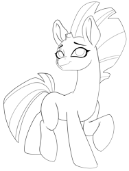 Size: 6000x8000 | Tagged: safe, artist:chedx, fizzlepop berrytwist, tempest shadow, pony, unicorn, g4, absurd resolution, black and white, broken horn, female, full body, grayscale, happy, hooves, horn, lineart, looking up, mare, monochrome, raised hoof, raised leg, simple background, smiling, solo, transparent background, trotting